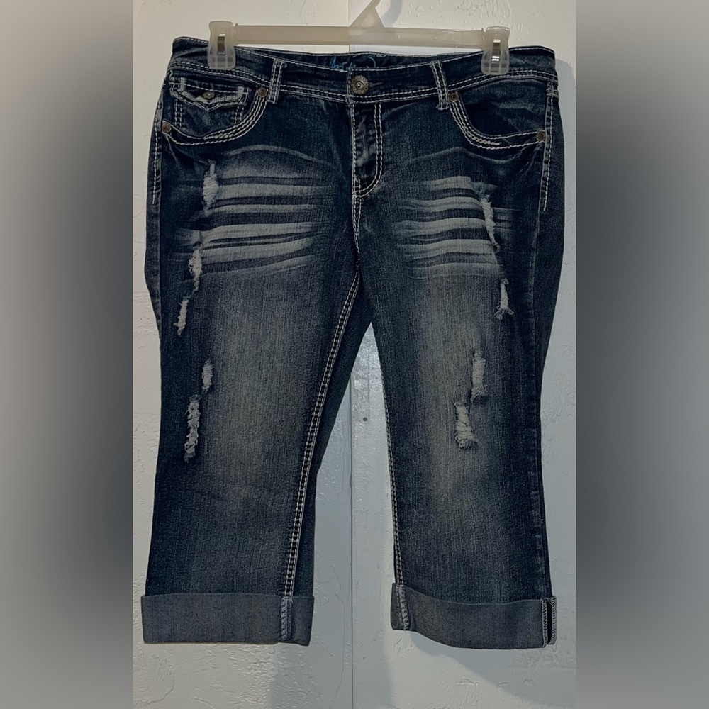 Ariya Distressed Dark Wash Denim Capri Jeans with Decorative Stitching
